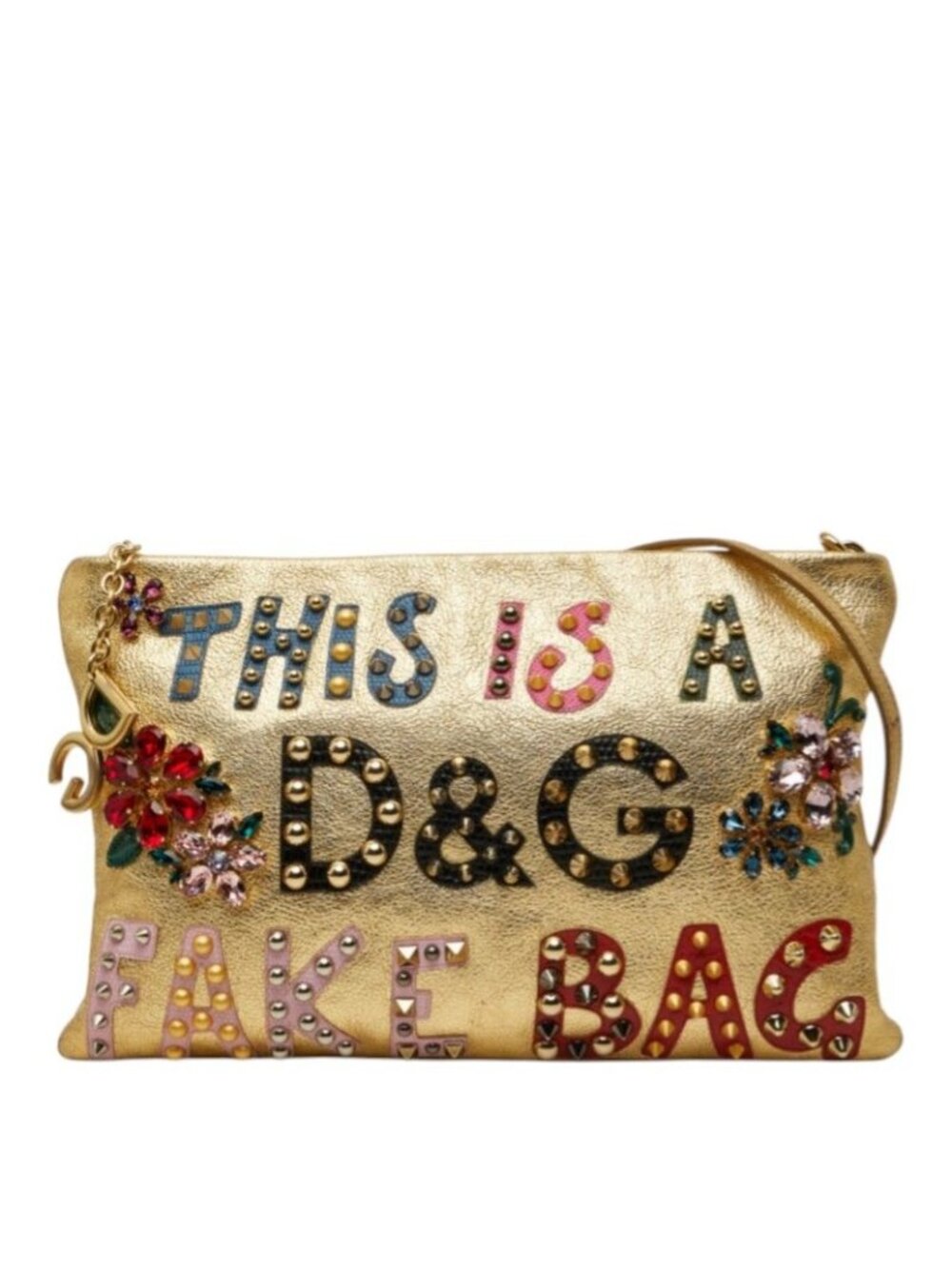 Dolce & Gabbana Bijou Studded Clutch 2-Way Crossbody Shoulder Bag Gold Leather